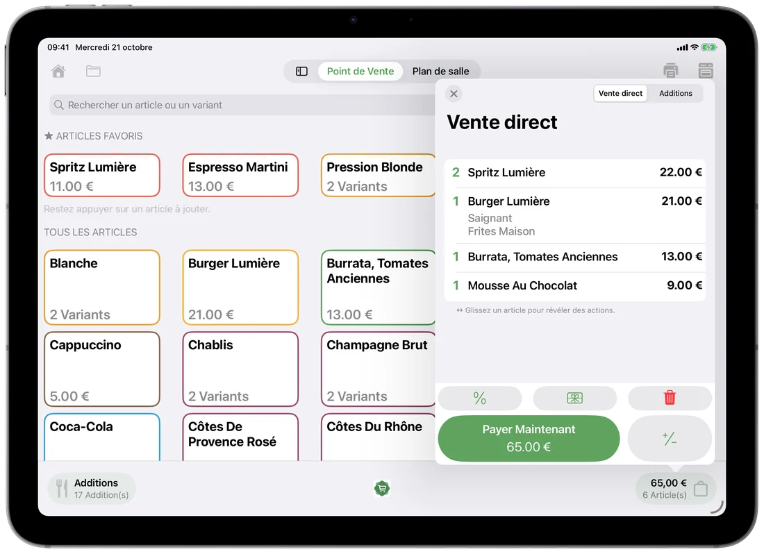L'écran de vente de BusinessMe sur iPad, avec un ticket en cours